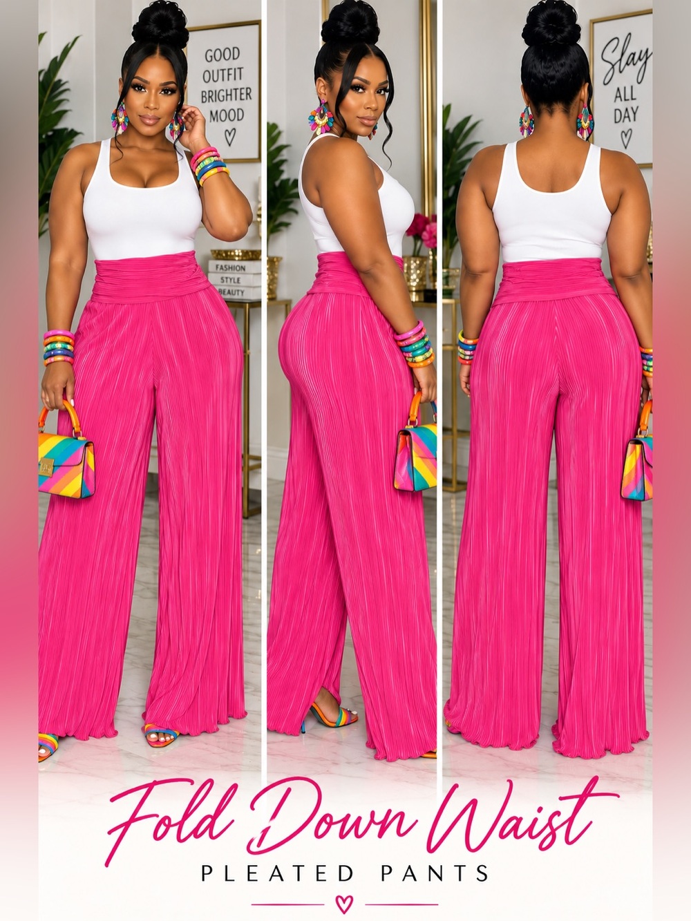 Fold-Down Waist Pleated Wide-Leg Pants - Hot Pink